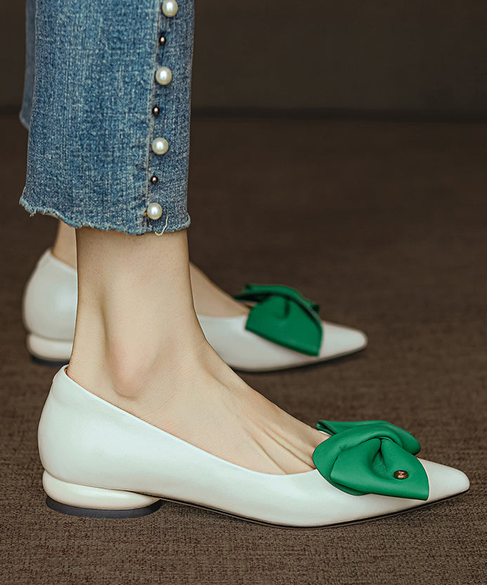 Black Flat Feet Shoes Cowhide Leather Pointed Toe Bow Rt1016