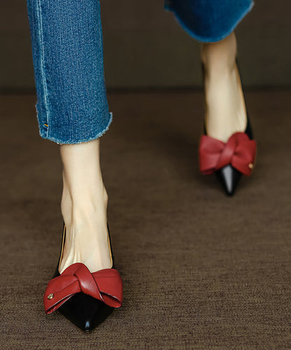 Black Flat Feet Shoes Cowhide Leather Pointed Toe Bow Rt1016