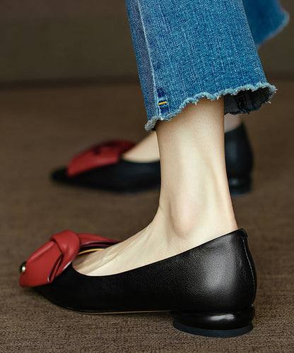 Black Flat Feet Shoes Cowhide Leather Pointed Toe Bow Rt1016