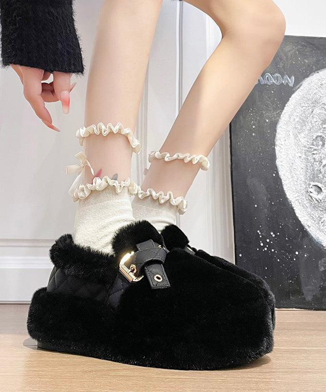 Black Fuzzy Wool Lined Platform Stylish Splicing Flat Shoes Tq048
