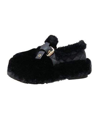 Black Fuzzy Wool Lined Platform Stylish Splicing Flat Shoes Tq048