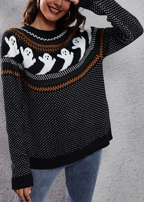 Black Ghost Cozy Patchwork Knit Sweaters O Neck Fall Ae1023