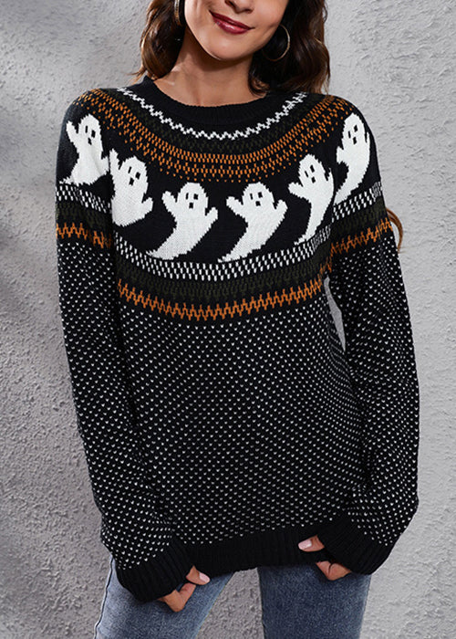 Black Ghost Cozy Patchwork Knit Sweaters O Neck Fall Ae1023