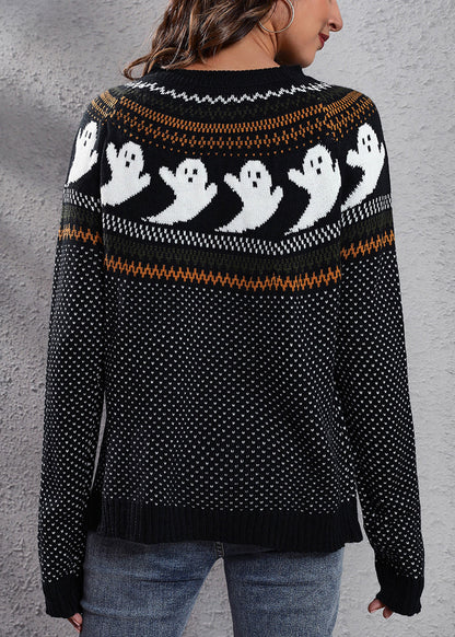 Black Ghost Cozy Patchwork Knit Sweaters O Neck Fall Ae1023