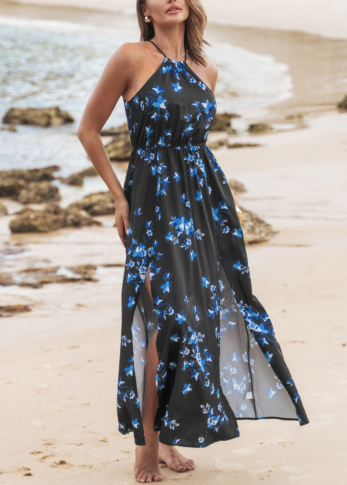 Black High Waist Cotton Long Dress Side Open Summer Ww1049