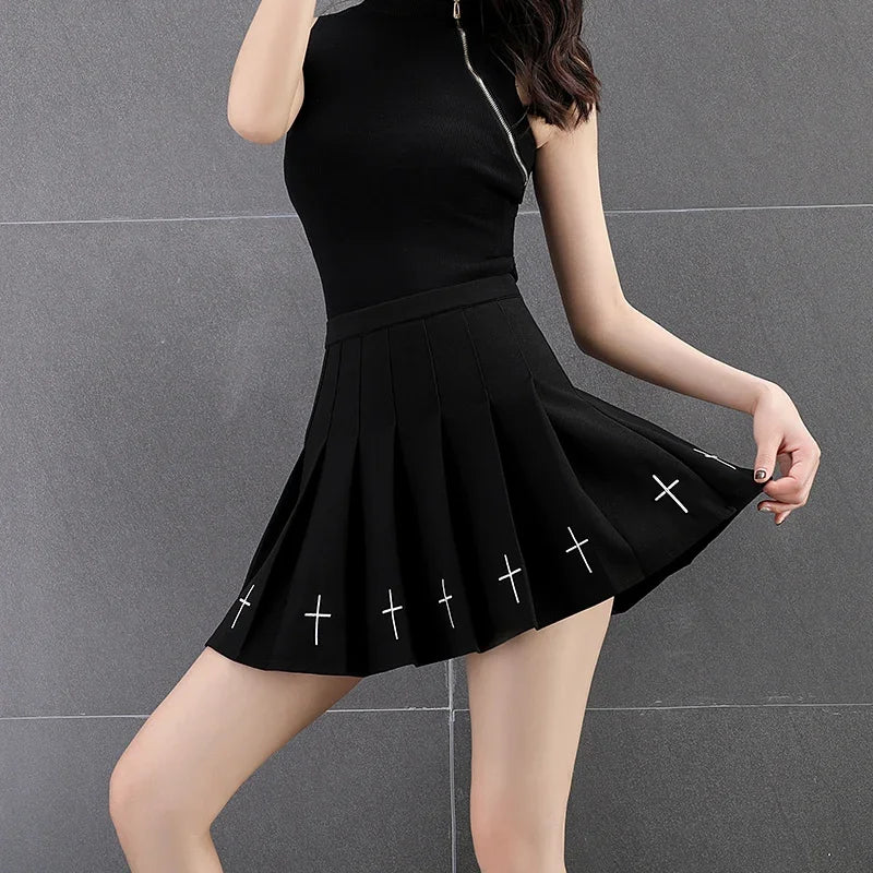 Black High Waist Pleated Gothic Cross Print Skirt
