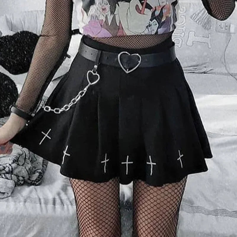 Black High Waist Pleated Gothic Cross Print Skirt