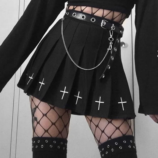 Black High Waist Pleated Gothic Cross Print Skirt