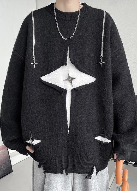 Black Hole Zippered Knit Fall Sweater O Neck Qh021