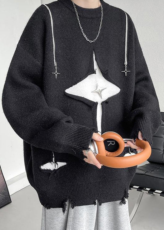 Black Hole Zippered Knit Fall Sweater O Neck Qh021