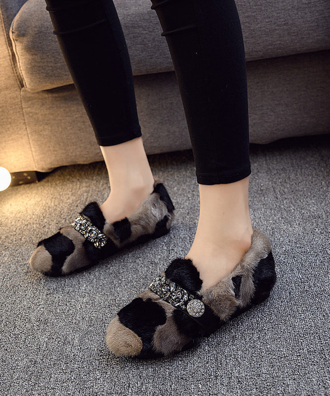 Black Khaki Mink Hair Boutique Splicing Zircon Flat Shoes Tq060