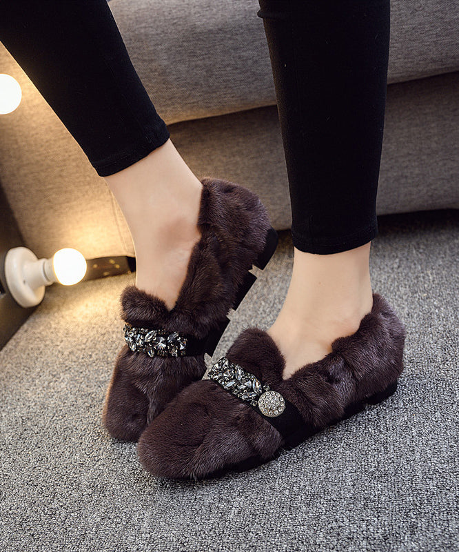 Black Khaki Mink Hair Boutique Splicing Zircon Flat Shoes Tq060