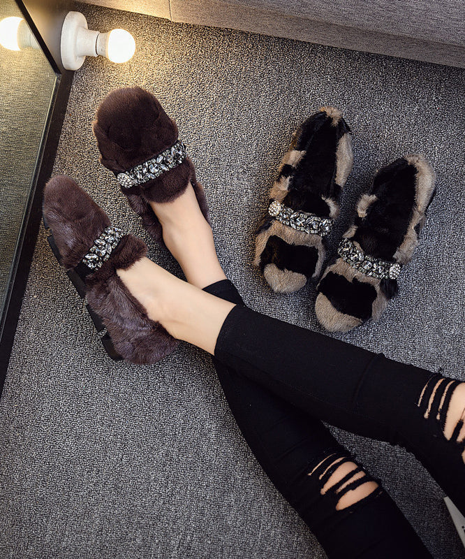 Black Khaki Mink Hair Boutique Splicing Zircon Flat Shoes Tq060