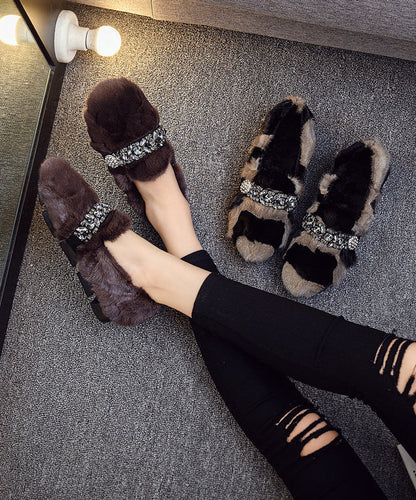 Black Khaki Mink Hair Boutique Splicing Zircon Flat Shoes Tq060
