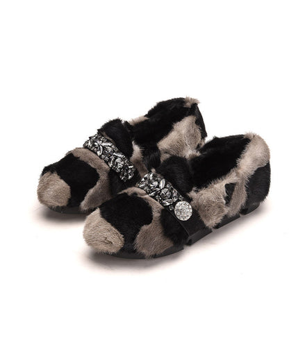 Black Khaki Mink Hair Boutique Splicing Zircon Flat Shoes Tq060