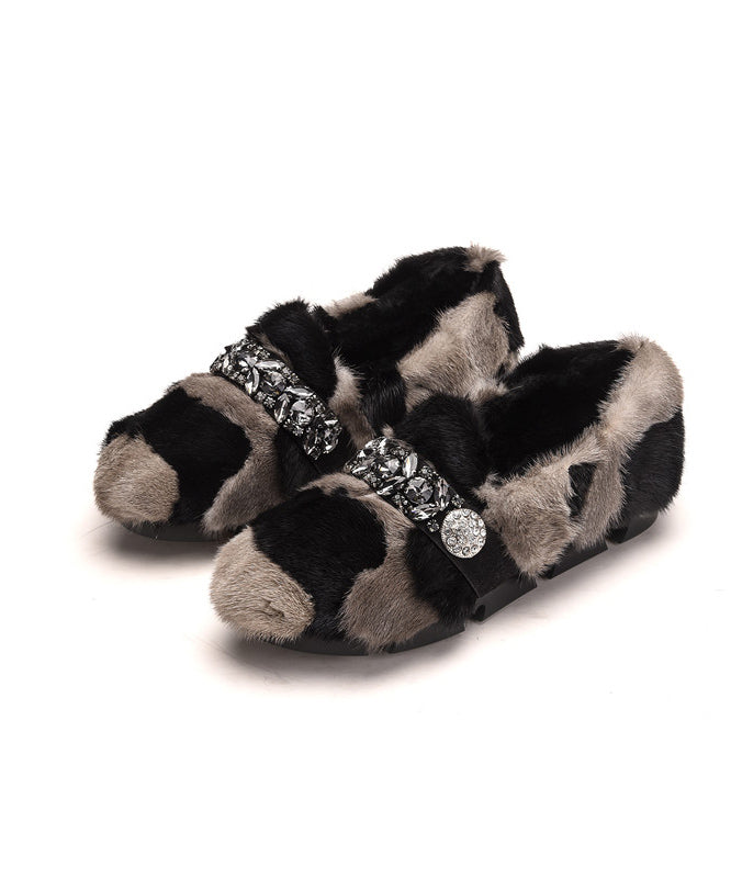 Black Khaki Mink Hair Boutique Splicing Zircon Flat Shoes Tq060
