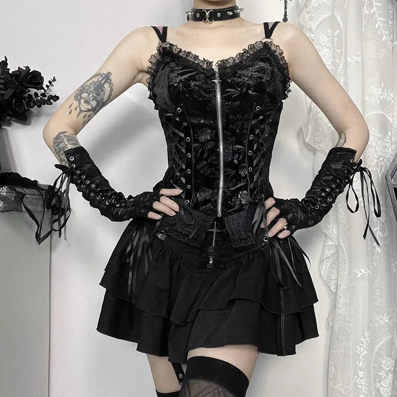 Black Lace Trim Cross Lace-up Mini A-line Layered Short Summer Autumn Skirt