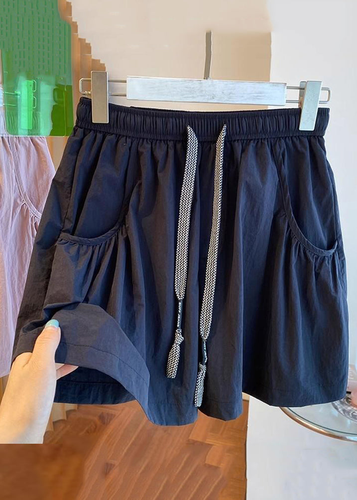 Black Lace Up Pockets Cotton Shorts Elastic Waist Qe013