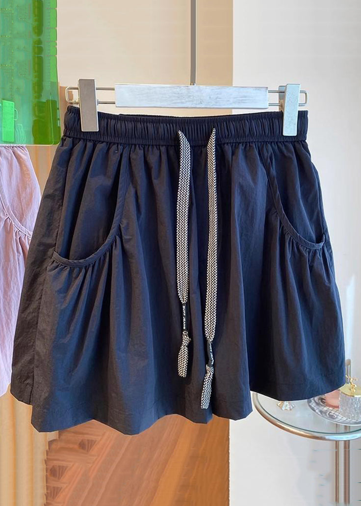 Black Lace Up Pockets Cotton Shorts Elastic Waist Qe013
