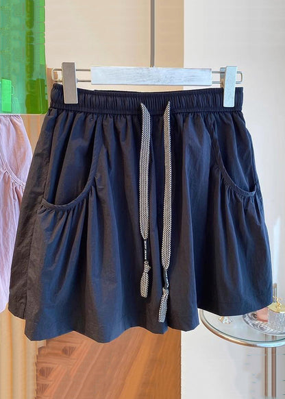 Black Lace Up Pockets Cotton Shorts Elastic Waist Qe013