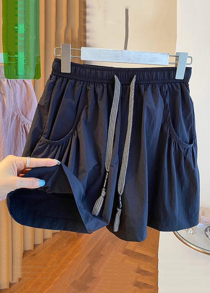 Black Lace Up Pockets Cotton Shorts Elastic Waist Qe013