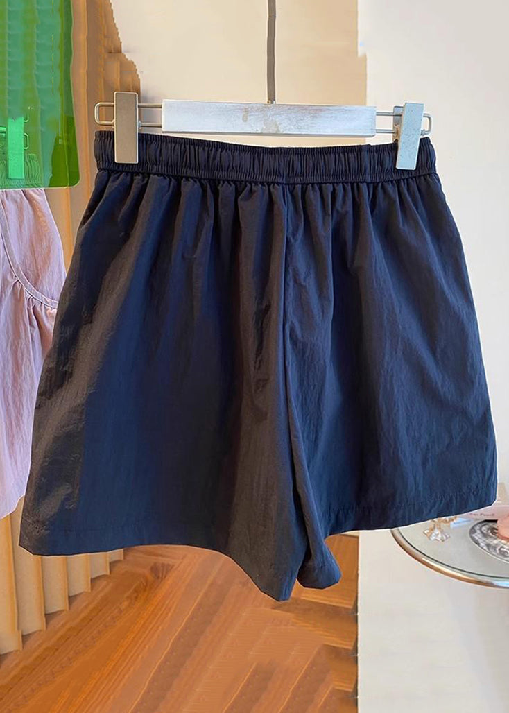 Black Lace Up Pockets Cotton Shorts Elastic Waist Qe013