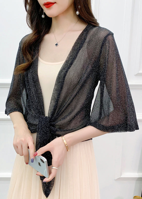 Black Lace Up Thin Tulle Cardigans V Neck Flare Sleeve As1057