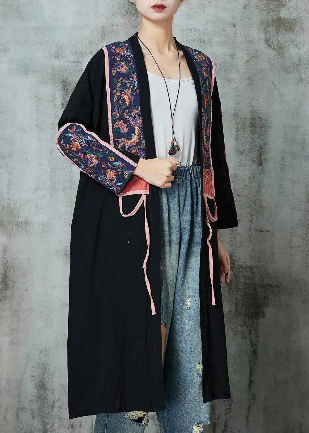 Black Linen Cardigans Embroidered Lace Up Spring Jk1037