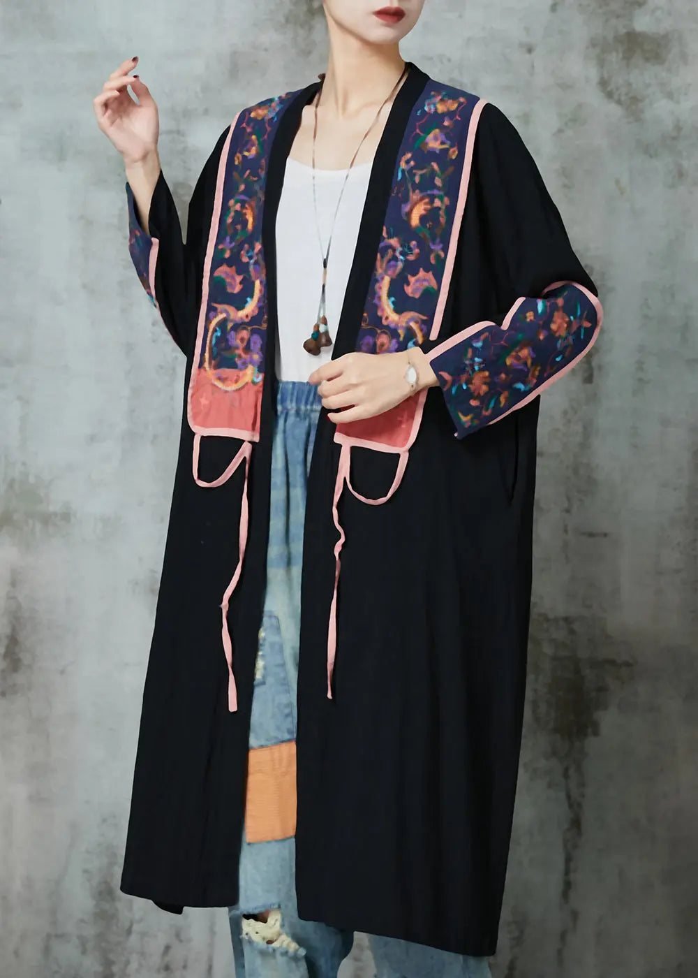 Black Linen Cardigans Embroidered Lace Up Spring Jk1037