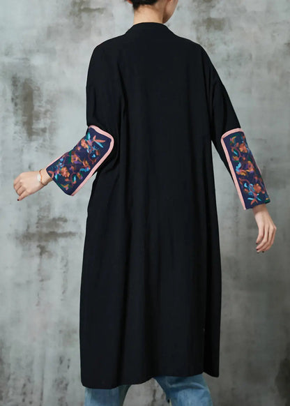 Black Linen Cardigans Embroidered Lace Up Spring Jk1037