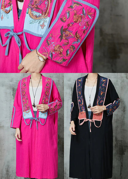Black Linen Cardigans Embroidered Lace Up Spring Jk1037