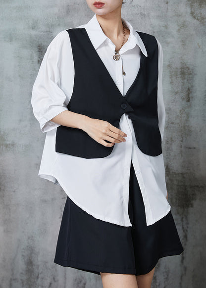 Black Loose Chiffon Fake Two Piece Shirts and Shorts Two Pieces Set Oversized Summer Al1006