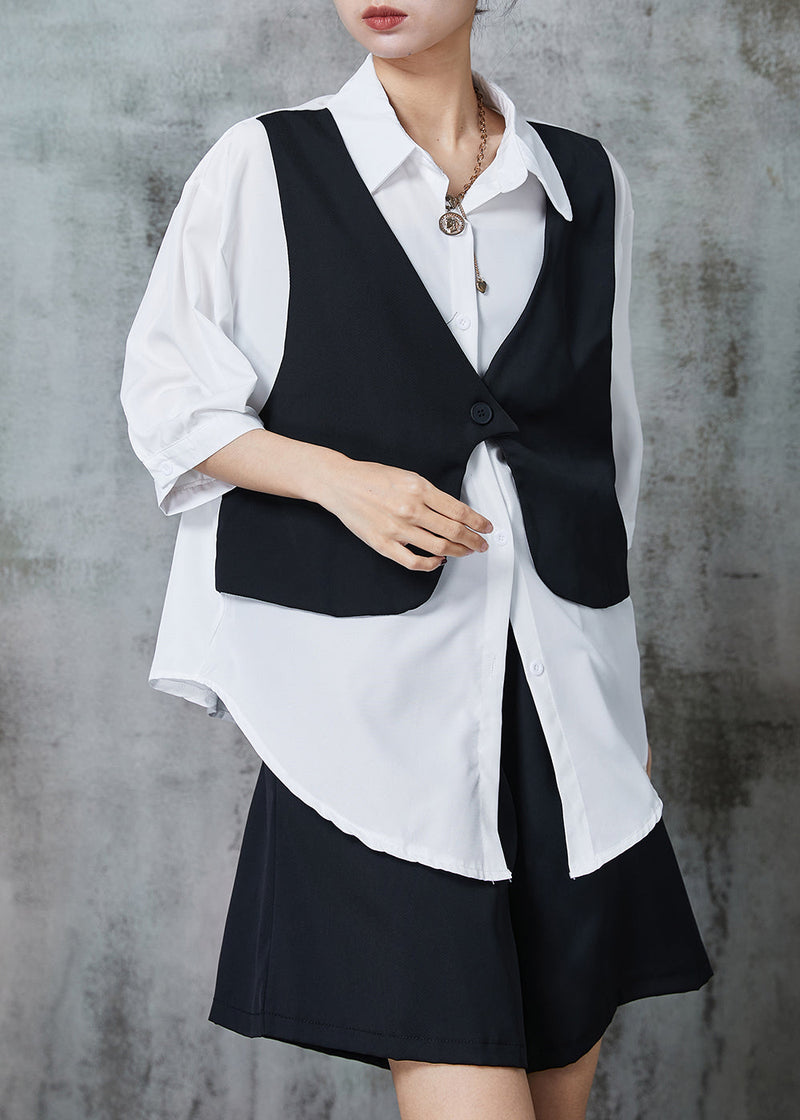 Black Loose Chiffon Fake Two Piece Shirts and Shorts Two Pieces Set Oversized Summer Al1006