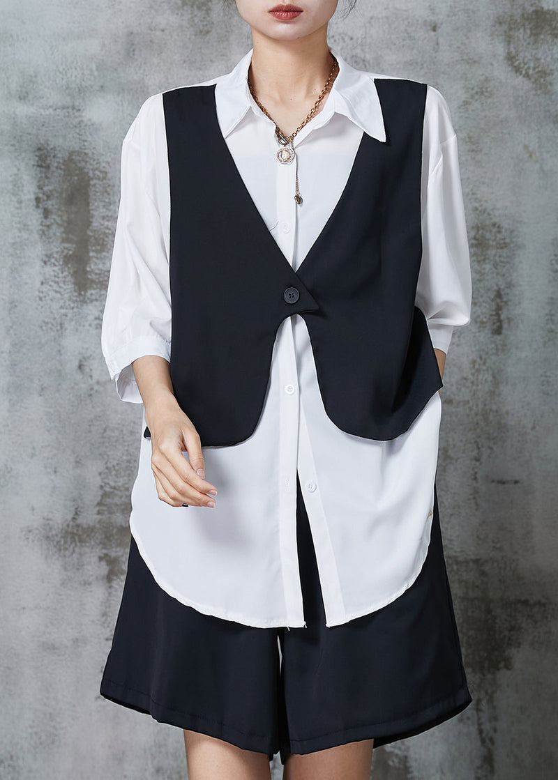 Black Loose Chiffon Fake Two Piece Shirts and Shorts Two Pieces Set Oversized Summer Al1006