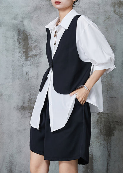 Black Loose Chiffon Fake Two Piece Shirts and Shorts Two Pieces Set Oversized Summer Al1006