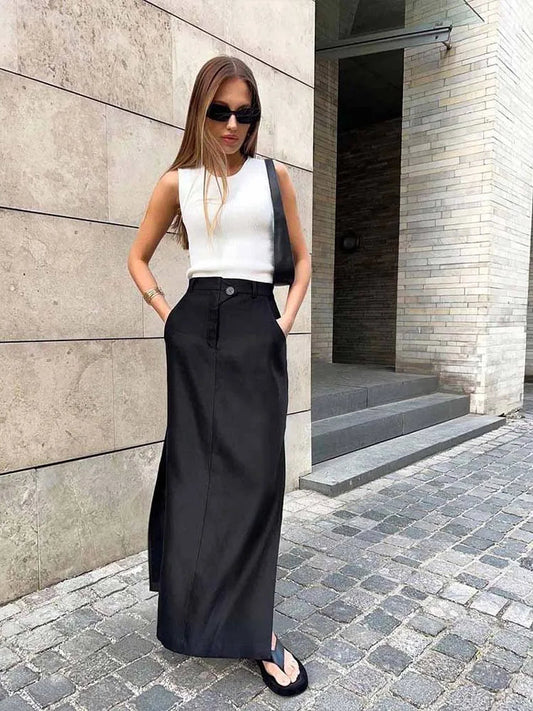 Black Loose A-line Summer Ankle-length Pocket Skirt