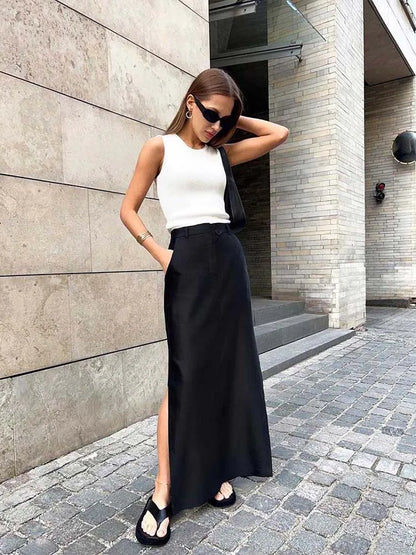Black Loose Long Skirts A-line Zip Skirts Summer Skirts Female With Pocket Ankle-length Skirts