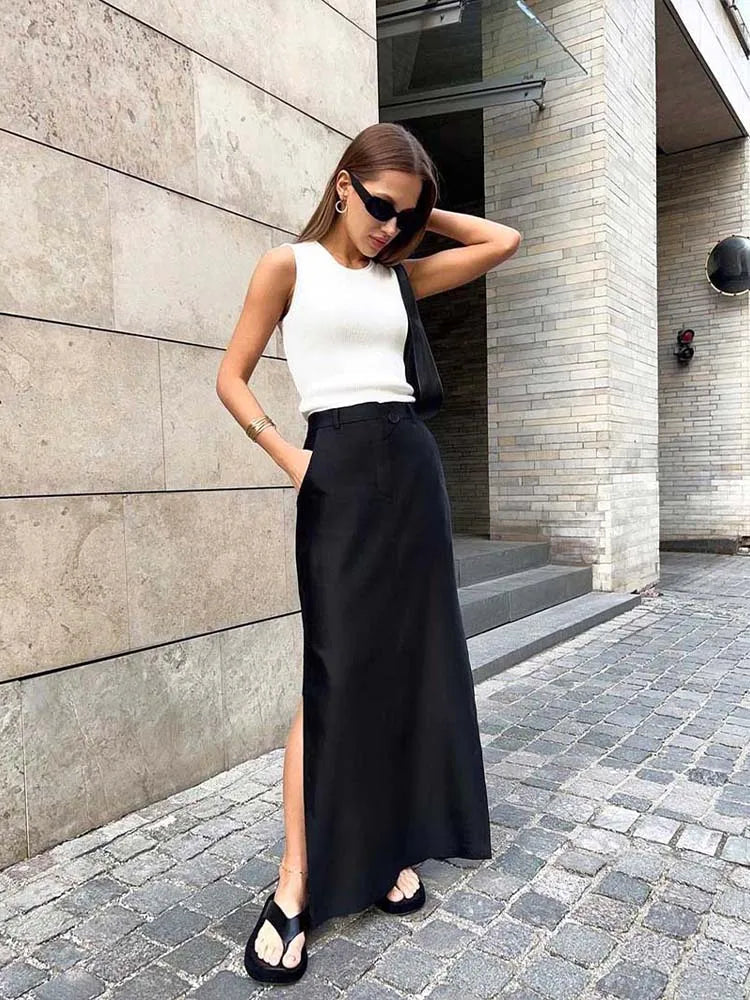 Black Loose A-line Summer Ankle-length Pocket Skirt