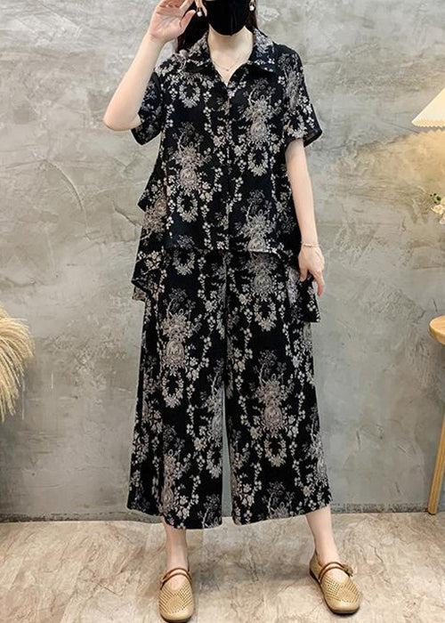 Black Low High Design Cotton Two-piece Set Peter Pan Collar Short Sleeve Au1057