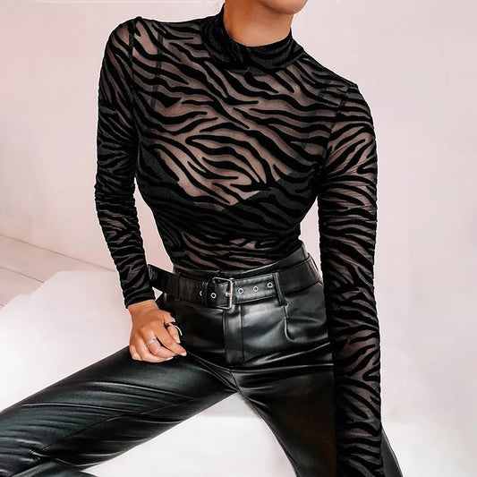 Black Mesh Transparent Bodysuit Long Sleeve Slim Skinny Stripe Mock Neck Rompers Lady Party Club Body