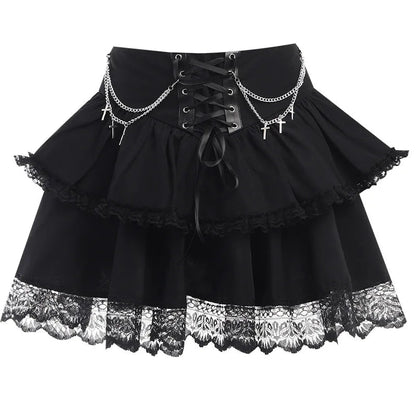 Black Mini Gothic Drawstring Folds High Waist Irregular Ruffle Patchwork Fairycore Skirt