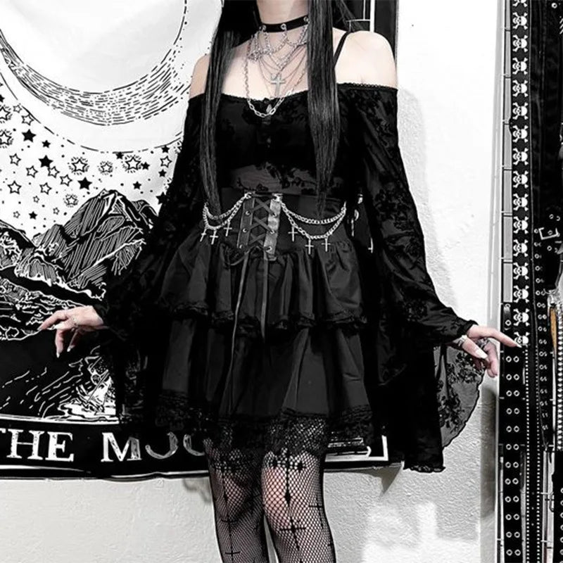 Black Mini Gothic Drawstring Folds High Waist Irregular Ruffle Patchwork Fairycore Skirt
