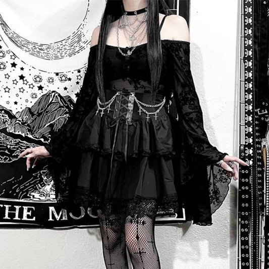 Black Mini Gothic Drawstring Folds High Waist Irregular Ruffle Patchwork Fairycore Skirt