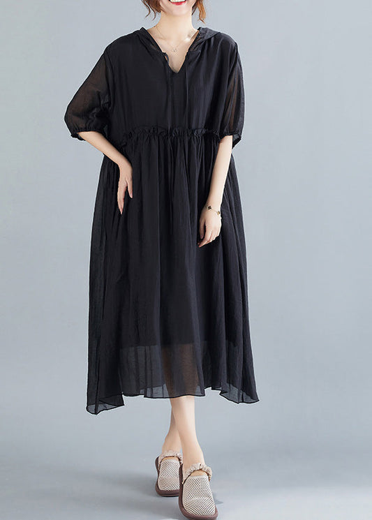Black Neck Tie Ruffled Long Dresses Short Sleeve Ac2016