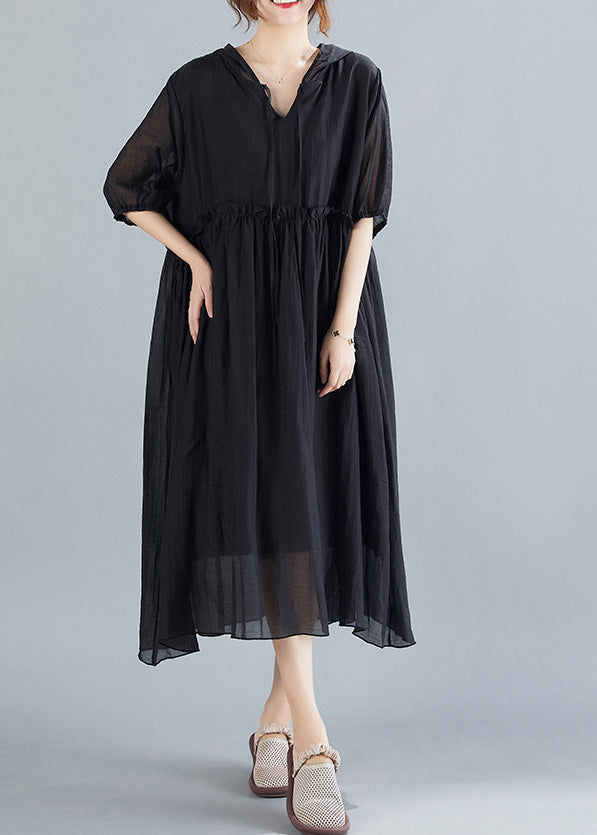 Black Neck Tie Ruffled Long Dresses Short Sleeve Ac2016