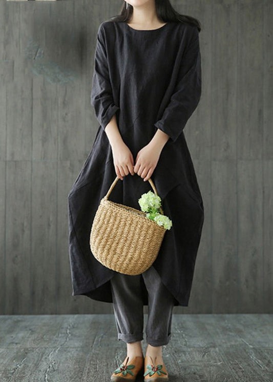 Black O-neck Asymmetrical Linen Long Dress Long Sleeve Lc0002