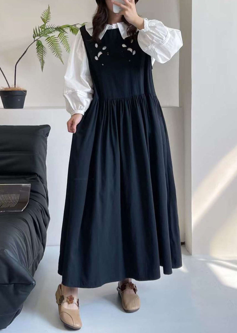 Black O-neck Patchwork Wrinkled Maxi Dress Summer Bv026