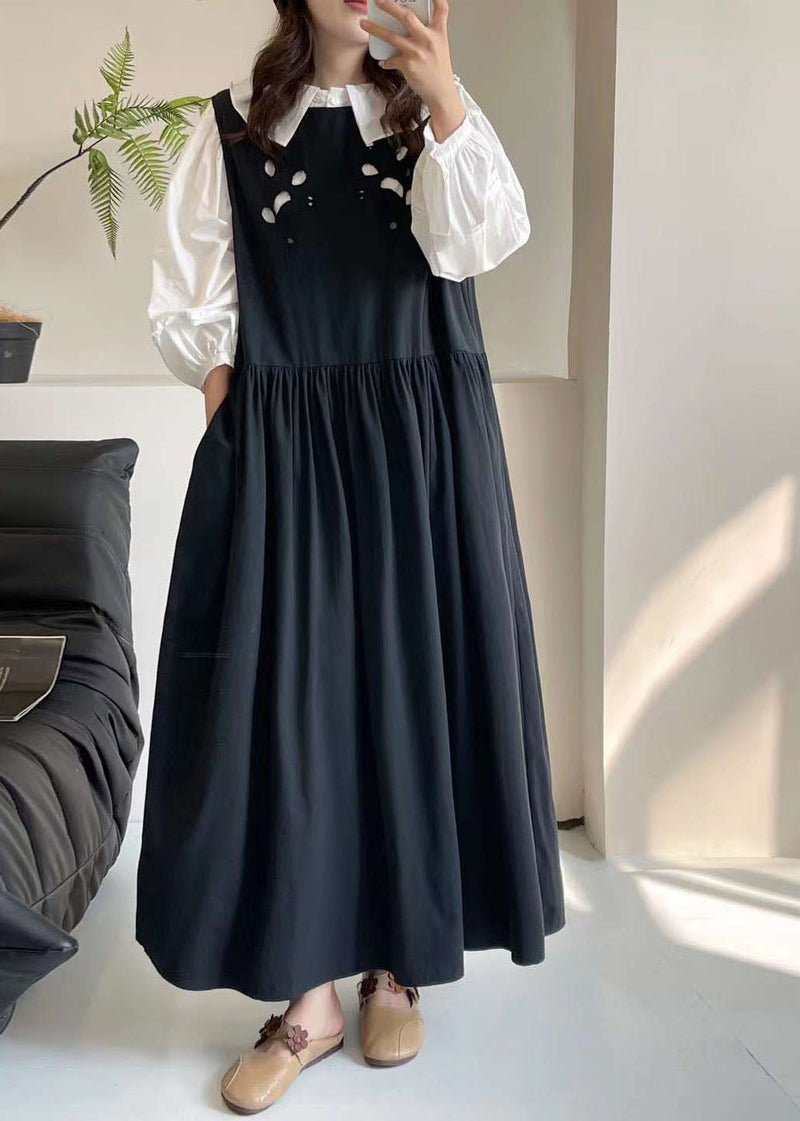 Black O-neck Patchwork Wrinkled Maxi Dress Summer Bv026