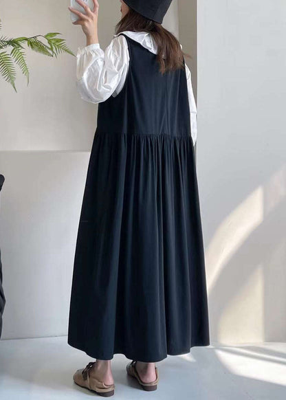 Black O-neck Patchwork Wrinkled Maxi Dress Summer Bv026