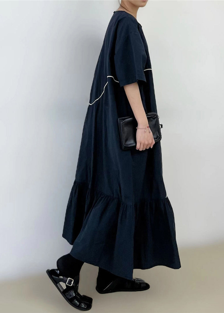 Black O-neck Wrinkled Long Dress Summer Gh1048